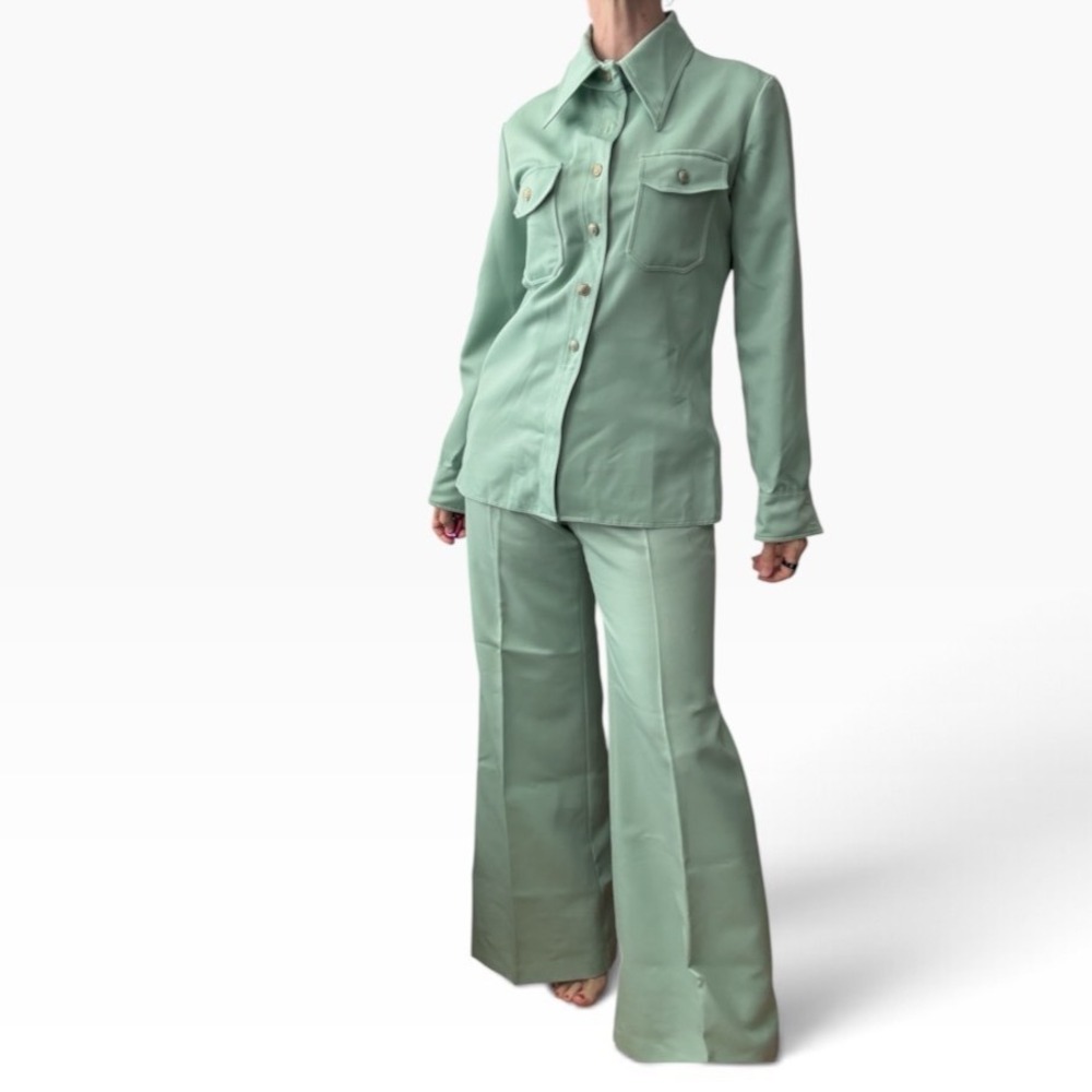 Vintage Ellen Tracy Mint Green Pant Suit 70s Wide Leg High Rise Set Size 4 6